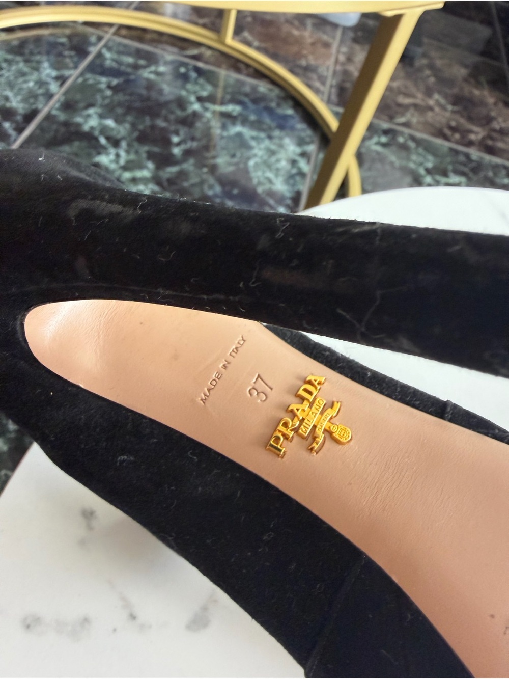 Prada Black Velvet Pumps with Gold Logo Insole - Size 37